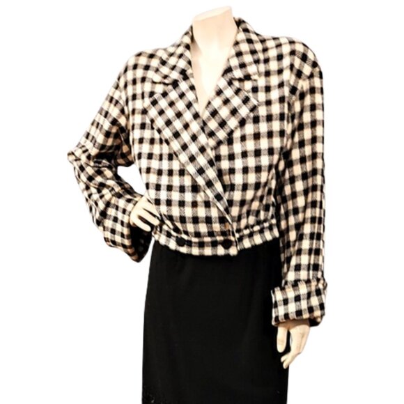 Vintage 1990s Valentino Designer Black Checked Over Sized Bomber Short Jacket - Picture 1 of 8